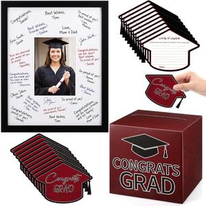Gueevin Maroon and Black Graduation Decorations 2026 Guest Book Alternative Graduation Card Box Advice Cards 11x14in Signature Board Picture Frame for Class of 2026 Congrats Grad Party Decor Supplies