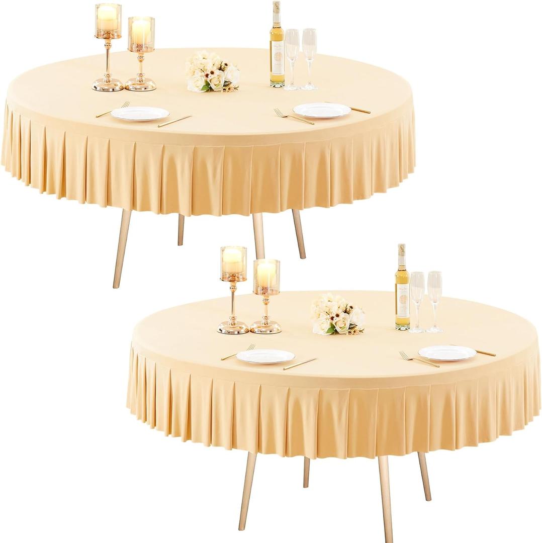 2 Pack Champagne Spandex Round Tablecloths 60 inch, Stretchy Fitted 5FT Table Cloths Wrinkle Free Round Table Covers with Skirt for Wedding Banquet Birthday Party Buffet Restaurant
