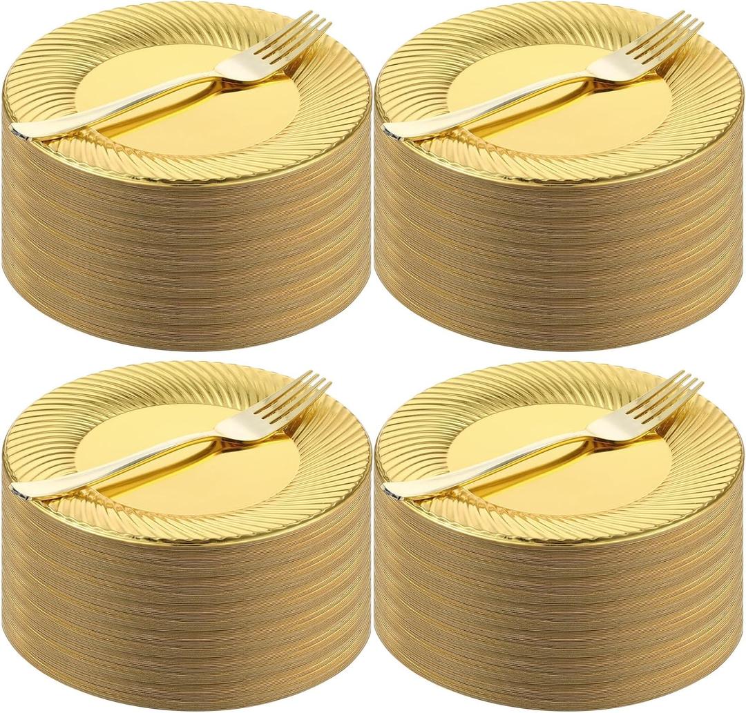Zhehao 240 Pcs Dessert Plates with Mini Forks for 120 Guests, Includes 120 Set 7'' Disposable Cake Plates and 7.5'' Mini Dessert Forks for Wedding, Birthday Party, Mother's Day(Gold)
