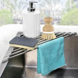 Corner Sink Caddy Triangle Dish Drying Rack for Sink Corner, Sponge Holder Roll Up Dish Drying Rack Over The Sink, Stainless Steel Kitchen Sink Organizer Drainer Mat Sponge Caddy for Counter Storage (Gray)