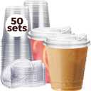 12 oz Clear Plastic Cups with Strawless-Sip-Lids, 50 Sets Disposable Cups Plastic Iced Coffee Cups, To Go Cups with Sip Through Lids for Smoothie, Milkshake, Cold Drinks for Party, Wedding, Event