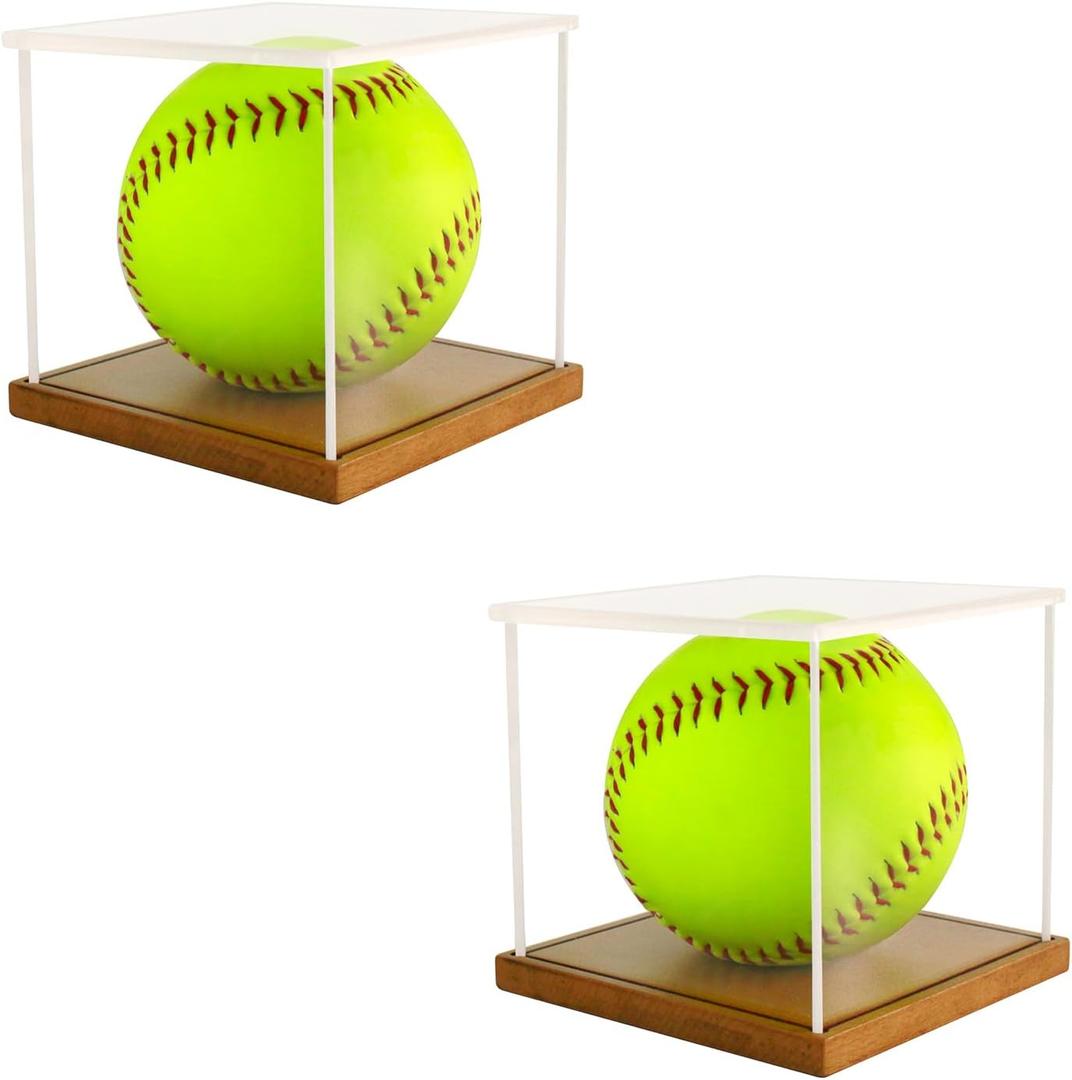 2 Elegant Wooden Softball Display Cases  UV Protective & Dust-Proof, Fits Official 12" Softballs  Clear Acrylic Softball Stand Holder, Easy Assembly, Perfect for Autographs & Memorabilia