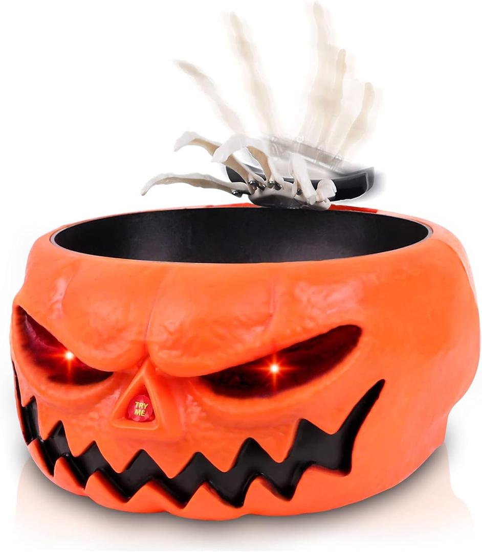 XOYTN XIMISHOP Animated Halloween Skull Bowl, Pumpkin Candy Dish With Creepy Moving Skeleton Hand for Party Decoration