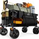 Collapsible Wagon Cart Heavy Duty Foldable, Folding Beach Wagon with Big Wheels for Sand, Utility Grocery Cart with Side Pocket and Brakes for Camping Sports Outdoor Activities, Black