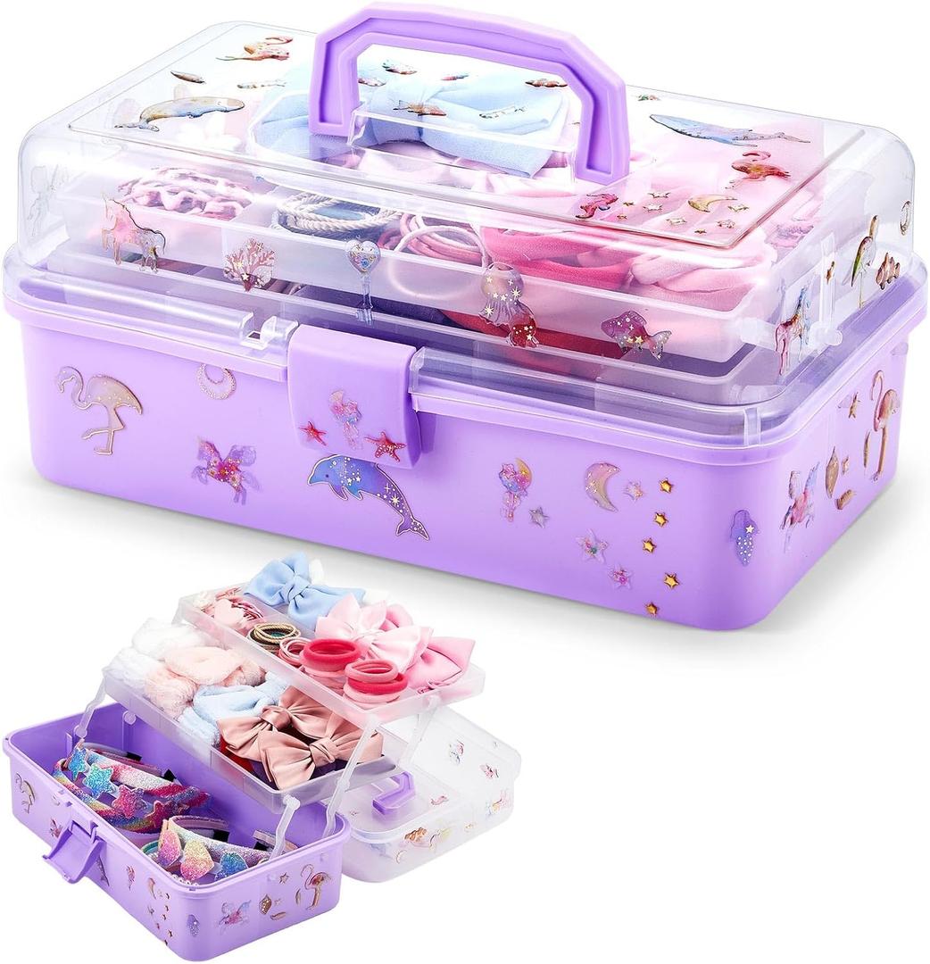 Ziliny Hair Accessories Organizer for Girls 13 in Hair Box Bin Organizer Plastic 3 Layer Containers Storage Box with Handle Sticker Fold Tray (Accessories Not Included)(Purple)