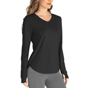 Hiverlay Long Sleeve Workout Shirts for Women V Neck UPF 50+ Athletic Shirts with Thumbhole Running Loose Active T-Shirts (Black, S)
