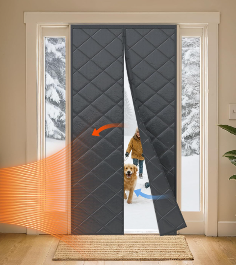 LazBlinds Thermal Insulated Door Curtain Fit Door Size 32"x 80"(284x220cm), Magnetic Hands-Free Self Seal Door Cover, Weatherproof Oxford & Cotton Fiber Fill Blanket for Winter to Keep Warm, Grey