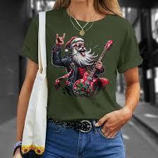 Christmas Rock & Roll Santa Claus Guitar Player Men Women T-Shirt, Green, Large