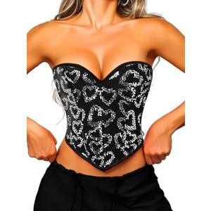ChiaoLezhee Heart Corset Top For Women, Sexy Concert Outfits Going Out, Strapless Crop Top, Overbust Bustier,Black Sequin Velvet,X-Small