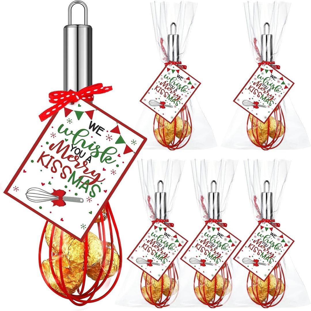 Zhehao 6 Sets 10 Inch Christmas Whisk Baking Gifts Sets Includes Stainless Steel Whisk Greeting Cards Ribbon and Plastic Bags for Neighbor Family Cooking Supplies Christmas Stocking Stuffers Ideas