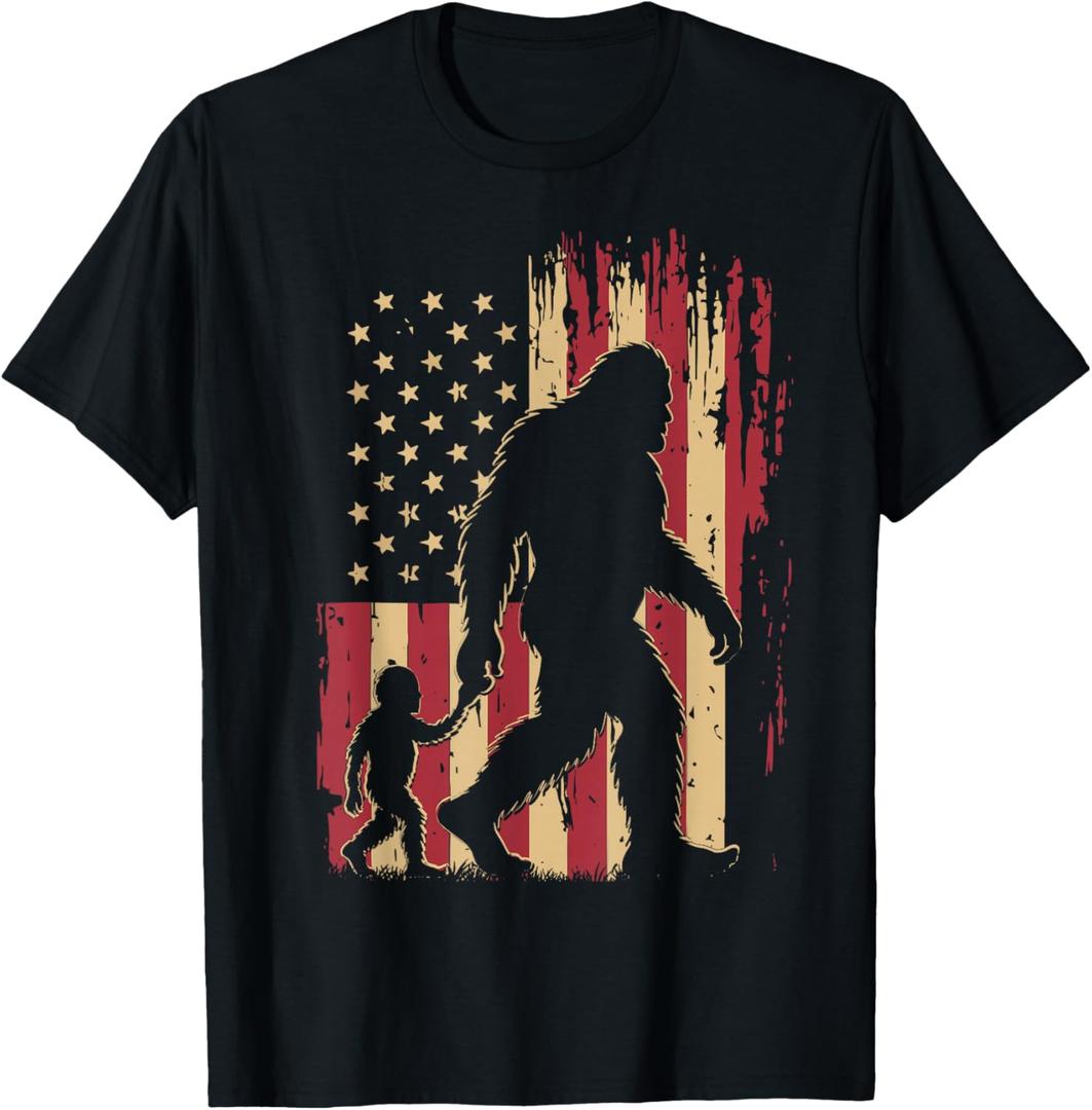 American Flag Bigfoot Dad Fathers Day Sasquatch Fathers Day T-Shirt (Black, XL)