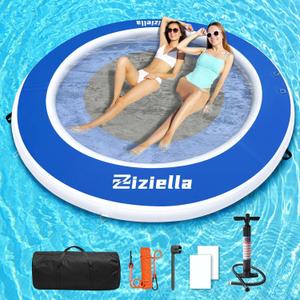 Round Inflatable Floating Dock, Multi-People Water Hammock Thick Float Ring with Mesh, Inflatable Swim Platform with Storage Bag Pump for Pool Lake Beach Party for Adults Kids (Blue, 8FT)