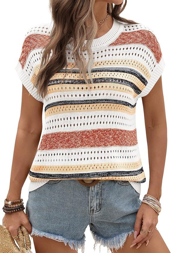 Ivicoer Crochet Sweaters Hollow Out Tops Round Neck Cute Cap Sleeve Summer Tops for Women 2025 Summer Top Orange Stripe S