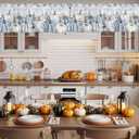 Fall Blue White Pumpkin Valances Curtains for Windows, Thanksgiving Decorations Rod Pocket Kitchen Valance Curtain for Living Room/Bedroom, Short Window Treatment Drapes, 54x18in, Eucalyptus Leaves