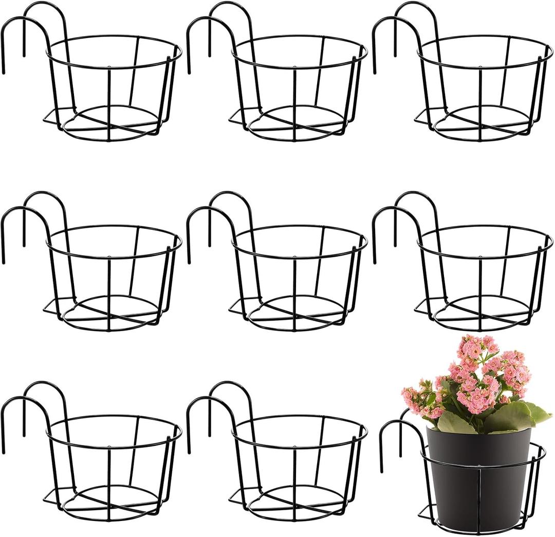 Wesiti 10 Pcs Round Hanging Railing Planters Outdoor Balcony Planters Metal Hanging Baskets Flower Pot Holder for Fence Indoor Porch Shelf Container(5.3 Inch,Black)