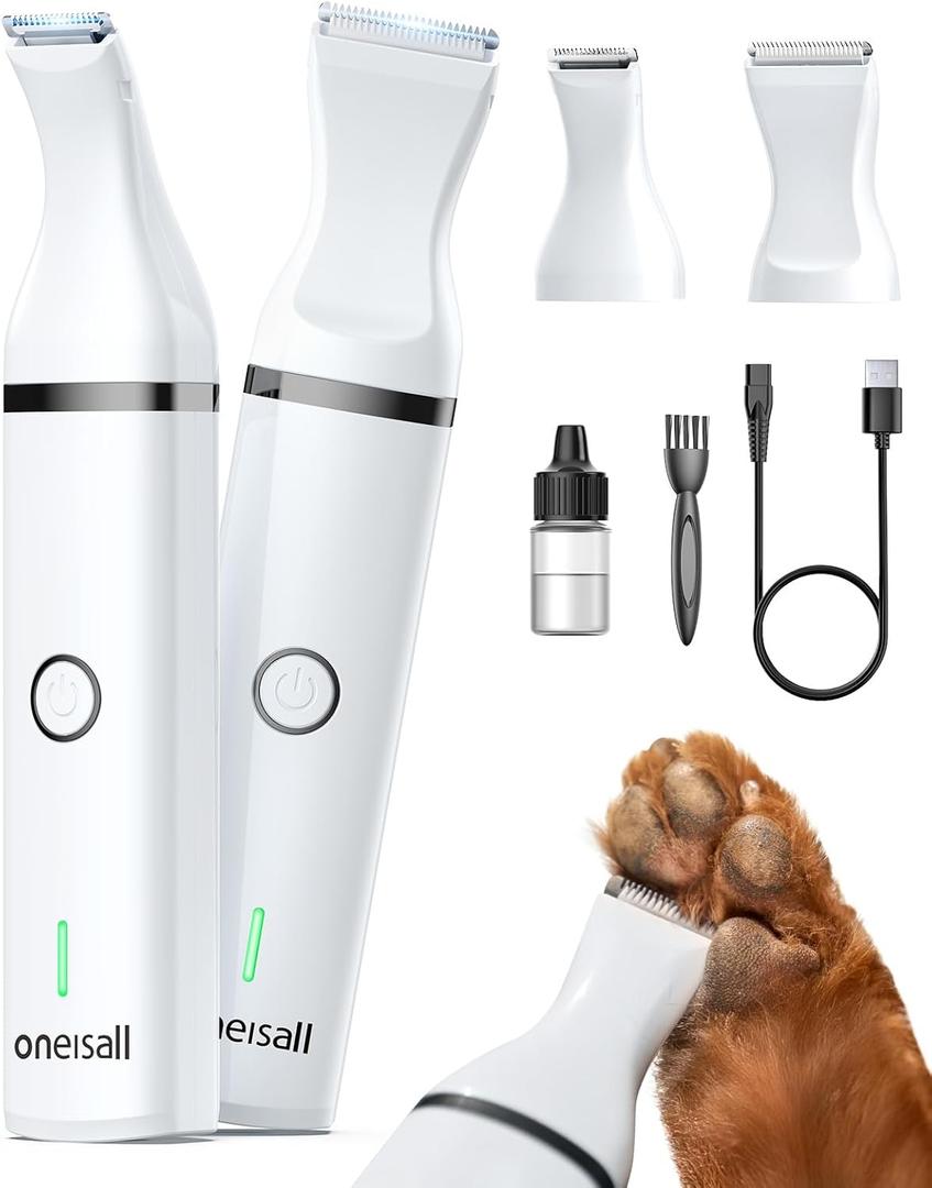 Oneisall Dog Clippers with Double Blades,Cordless Small Pet Hair Grooming Trimmer,Low Noise for Trimming Dog's Hair Around Paws, Eyes, Ears, Face, Rump (White)