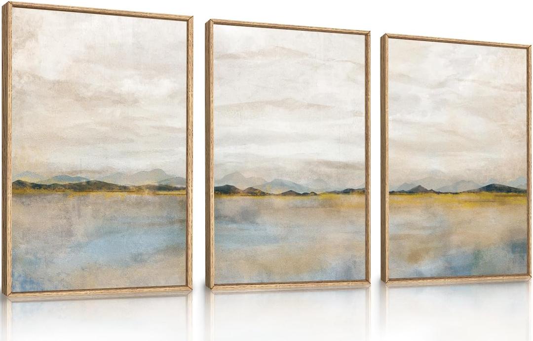 HLNIUC Large Abstract 3 Piece Wall Art 24x36, Neutral Distant Mountain Wall Decor, Watercolor Beige Dusty Nature Landscape Painting, Modern Pastel Scenery Art Prints for Living Room, Bedroom, Office