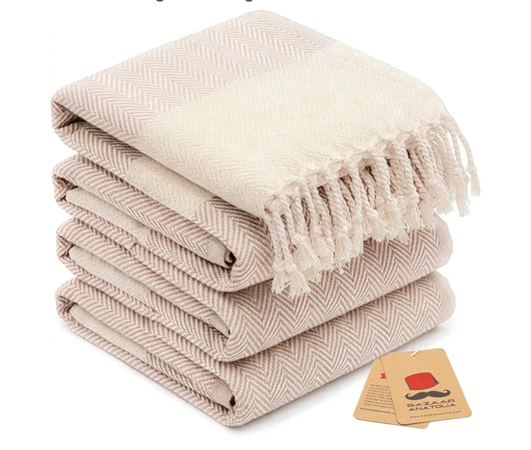 Bazaar Anatolia Hand Towels - Set of 4 | 39" x 19" - Decorative Turkish Hand Towel for Bathroom, 100% Cotton, Kitchen, Face, Hair, Tea, Dishcloth, Cream Guest Towels - Herringbone Beige