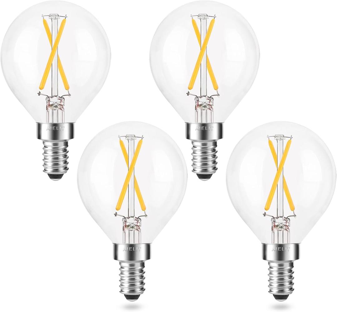 Dimmable 2 Watt Candelabra LED Light Bulb (25W Equivalent), AIELIT E12 Globe LED Bulb, Small Chandelier Base, Antique G15 Filament Edison Bulb for Nightstand Lamp, 200 lm, Warm White 2700K Clear, 4 Pcs