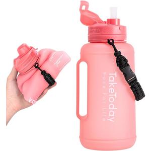 TakeToday 68 Oz Collapsible Water Bottles With Straw, Half Gallon Water Bottle With Motivational Time Marker, Large Reusable Silicone Water Jug With Paracord Handle For Gym, Sports, Outdoors