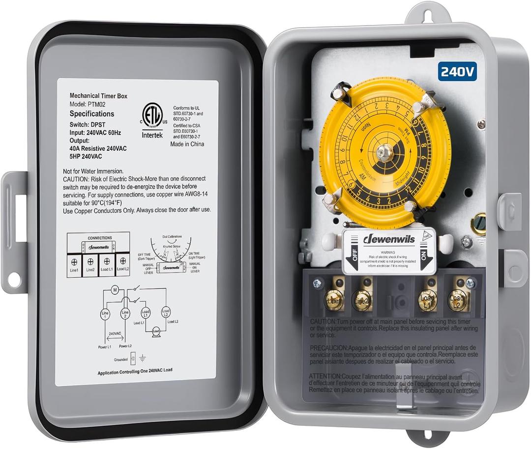 DEWENWILS 24-Hour Mechanical Timer Switch - 208-277VAC DPST, 5HP 40A, Metal Enclosure, Heavy Duty, Manual Override, Ideal for Pool Pump, Water Heater, Lights and Fans, Weatherproof, ETL Listed, Gray