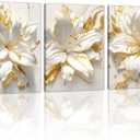 WENGTIAO 3Pcs Elegant White Lily Flowers Canvas Wall Art Boho White Floral Gold Edges Prints Pictures Paintings Beige Blossom Artwork for Living Room Bedroom Office Bathroom 16x24 x3