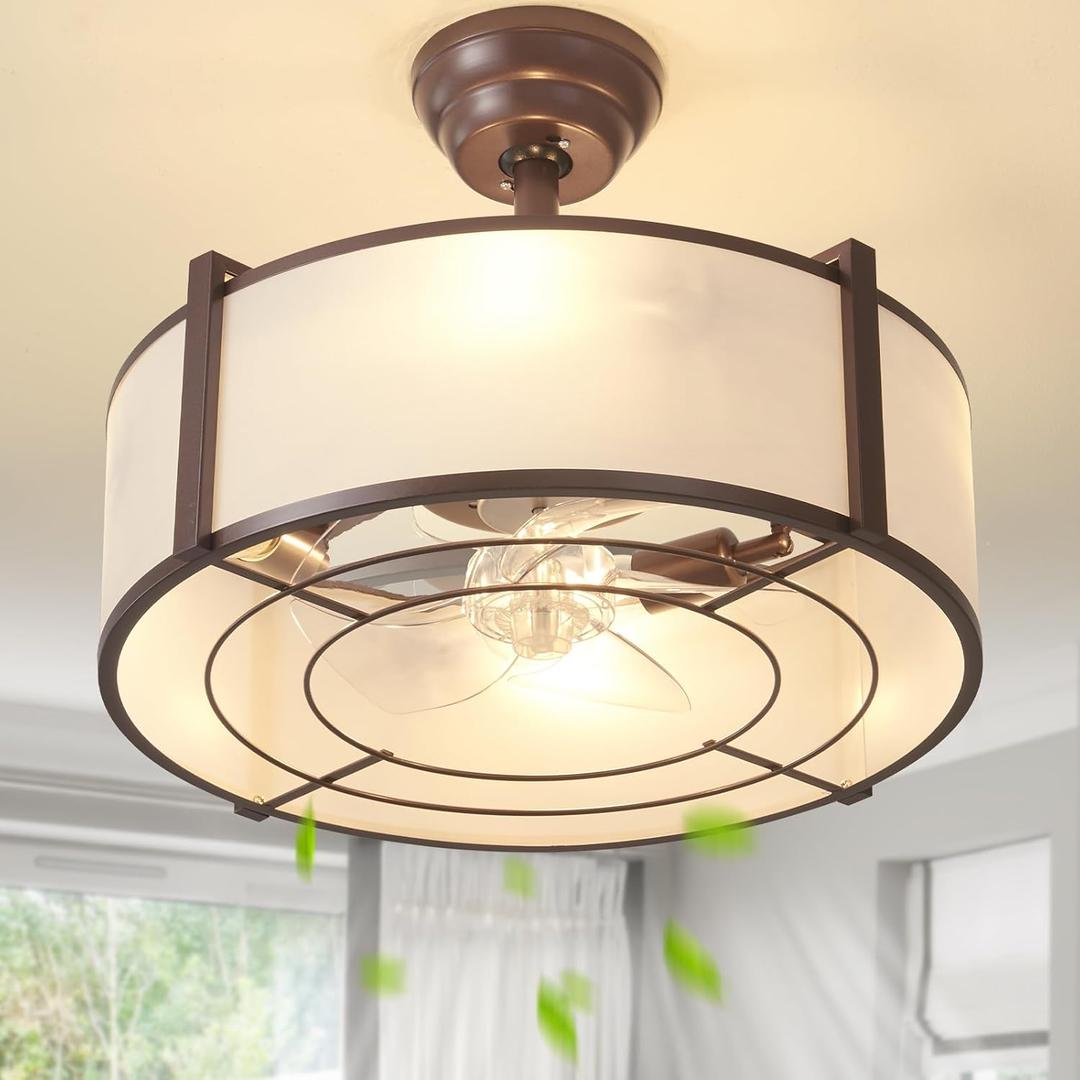 SYDACG 20" Caged Ceiling Fans with Lights, Brown Fandelier Ceiling Fan with Light, Farmhouse Rustic Chandelier Fan Remote Control, 6 Speeds for Bedroom, Nursery, Living Room