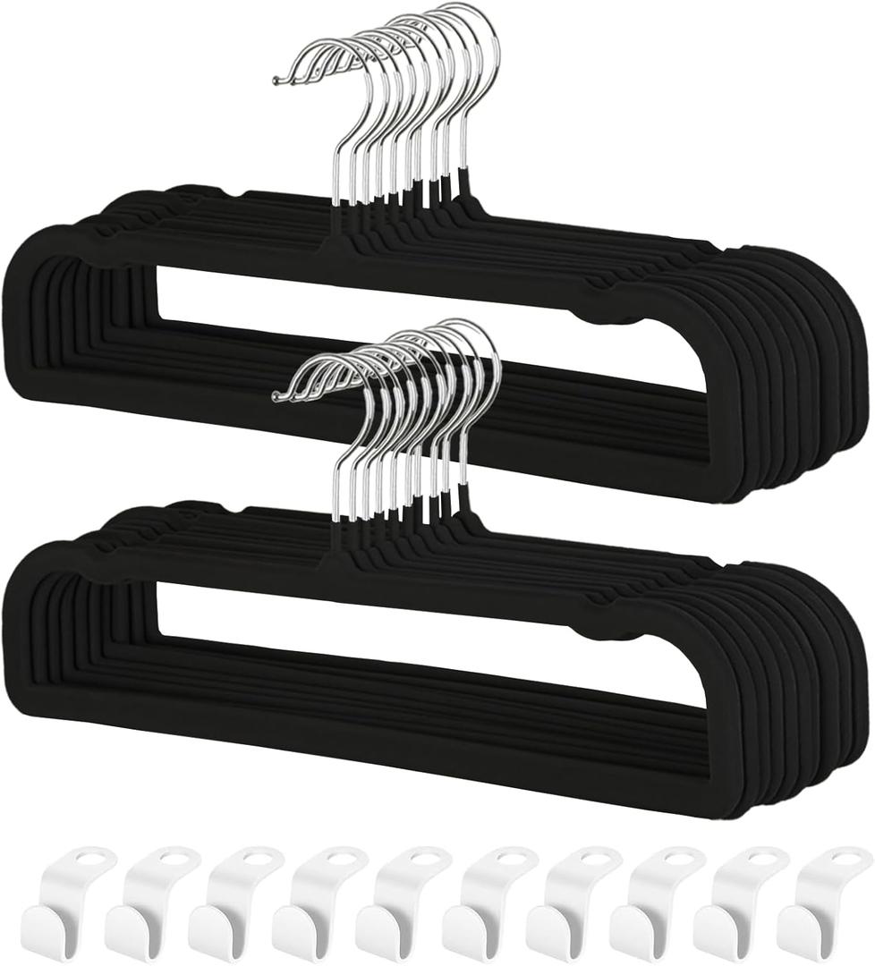 Pants Hangers Non Slip - 20 Pack Velvet Hangers for Closet - Thin Space Saving Clothes Hanger - Strong, Durable, Perchas Terciopelo with 360 Rotatable Hook for Jean, Tank Top, Bra, Shorts (Black)