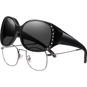 HAOLOTA Women's Polarized Fit Over Sunglasses with Rhinestone, Sun Glasses for Prescription Glasses UV400 Protection