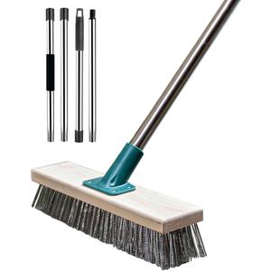 Stainless Steel Wire Brush with Long Handle Deck Broom Brush Floor Scrubber Brush for Cleaning Outdoor Broom for Moss, Tough Stains on Concrete, Grout, Garden, Garage, Patio, Swimming Pool