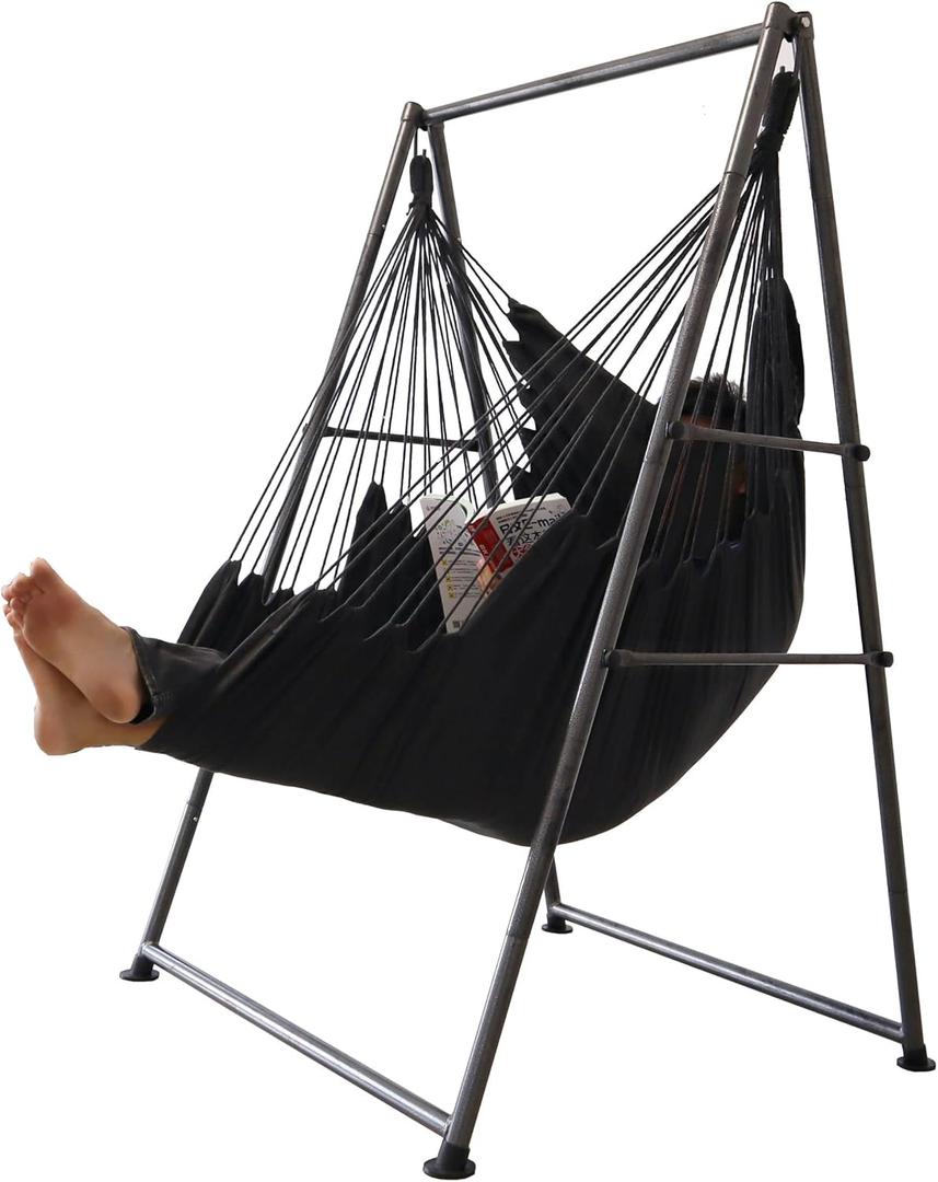 Hammock Chair Stand with X-Large Swing Chair with Footrest Anti-Tip Thickened Weather-Resistant Iron Pipe Swing Frame, 450Lbs Stand Capacity Quick Assembly for Indoor Outdoor (Dark Grey)