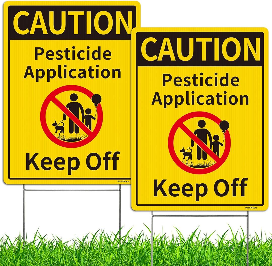 Caution Pesticide Application Keep Off Sign for Yard with Stake Kit, 2Pack-12.6"x9.5" Commercial Grade Corrugated Plastic, Double Sided, UV Protected, Weather & Fade Resistant, Easy to Mount