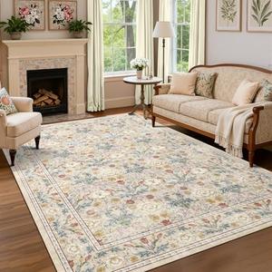 GarveeHome Beige Washable Area Rug 5x7, Retro Floral Low Pile Non Slip Living Room Rug Soft Cottage Core Rug Farmhouse Indoor Carpet for Bedroom Dining Room Playroom