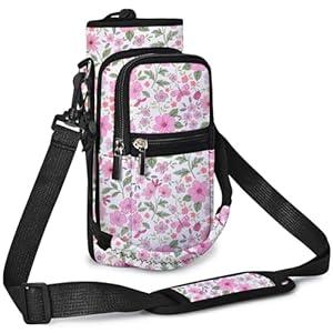 Icolor Water Bottle Carrier Bag with Strap 25/32/40 oz Crossbody Bottle Holder with Phone Pocket Sling Sleeve Insulated Neoprene Water Bottle Pouch for Walking Travelling Pink Floral