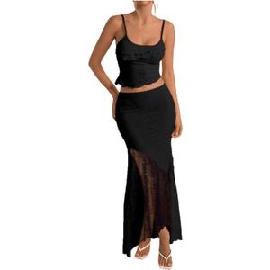 Women's 2 Piece Outfits Ruffled Cami Crop Top & Flowy Maxi Skirt Boho Chic Sets (Black, S)
