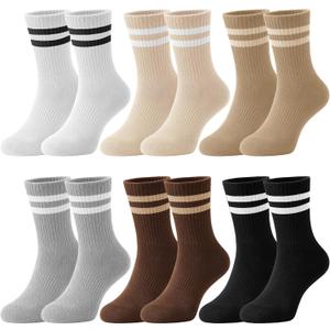Newcotte 6 Pairs Cotton Crew Socks for Womens Striped Casual Crew Socks Brown Neutral Vintage Athletic Sock Size 5-11 (Beige)