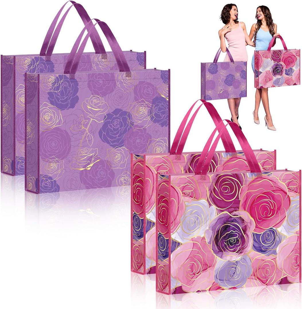 PerKoop 4 Pcs Extra Large Gift Bags 20 x 16 Inch Jumbo Mother's Day Purple Flower Bag Reusable Non Woven Gift Bags for Mother's Day Women's Birthday Bridal Showers Wedding
