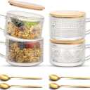 JBHO Vintage Glass 14OZ Coffee Mugs 4pcs Clear Embossed Glass Cups with Bamboo Lids and Spoons Gifts for Women Overnight Containers for Tea, Cereal, Cappuccino, Latte