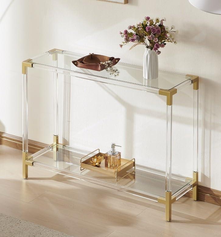 Rectangle Glass Console Table, Modern Design 2-Tier Sofa Table for Living Room & Bed Room, L41*W13*H29 inch, Clear Glass Top, Acrylic Frame and Gold Finish Metal Frame, Medium