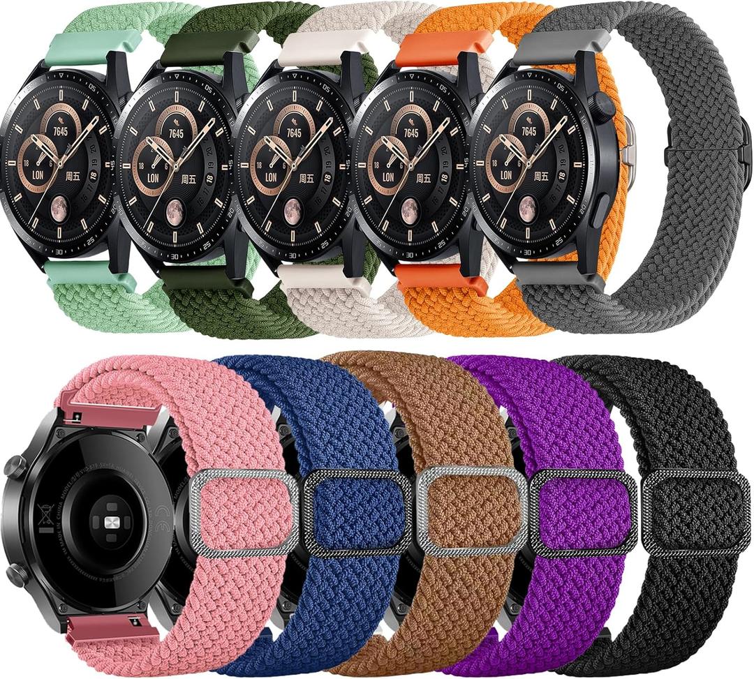 10 Pack Elastic Bands Compatible for Samsung Galaxy Watch 7 6 5 4 40mm 44mm/Watch 6 4 Classic Band 42mm 46mm 43mm 47mm/Active 2,20mm Adjustable Nylon Sport Watch Band (Pink-Black-Blue-Green-10 colors)