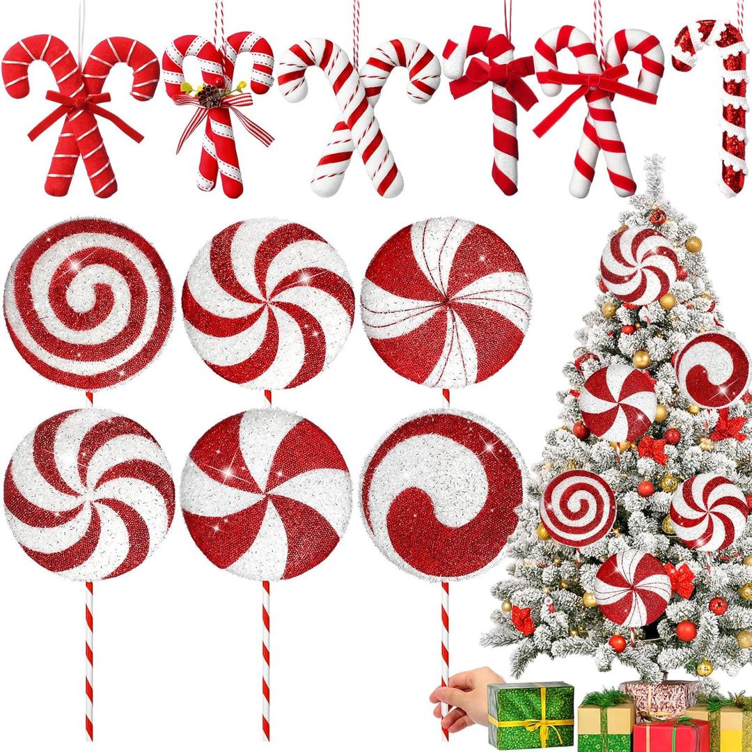 12 Pcs 15.75'' Large Candy Cane Christmas Decorations Giant Lollipop Candy Xmas Decorations with Sticks Red and White Peppermint Decor for Christmas Tree Ornaments Party, 12 Styles