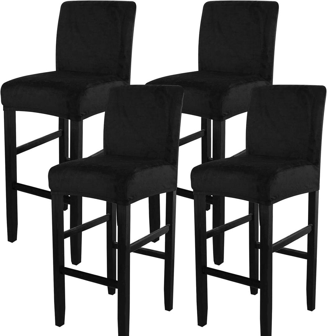 SearchI Velvet Bar Stool Covers Set of 4, Stretch Washable Barstool Seat Covers, Counter Height Chair Covers for Kitchen Dining Room Cafe (Velvet Black)