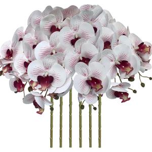 FagusHome 32 Inch Artificial Phalaenopsis Flowers 6 Pcs Artificial Orchid Flowers Stem Plants for Home Dcor (White and Purpleline)