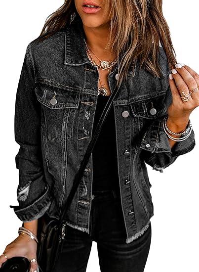 EVALESS Womens Boyfriend Washed Crop Denim Jean Jacket Coat XX-Large, Black 