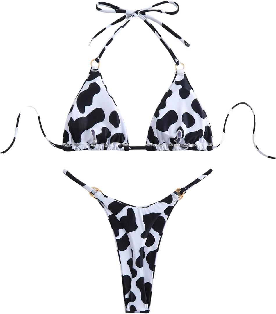 WDIRARA Women's 2 Pieces Cow Print Bikini Set Halter Swimsuit High Cut Bathing Suit, Mediu