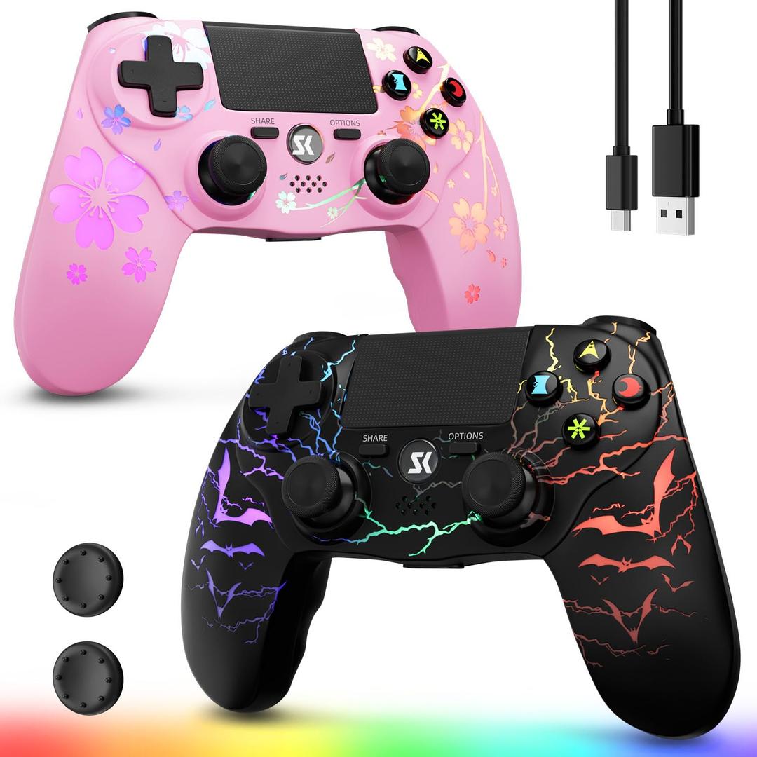 Kujian Wireless Controller for PS4, Gamepad Joystick for PS4 with Double Vibration/6-Axis Sensor/Touch Pad/Headphone Jack, Ergonomic Non-Slip Grip Compatible with PlayStation 4/Slim/Pro (Galaxy Blue) (Black+Pink)
