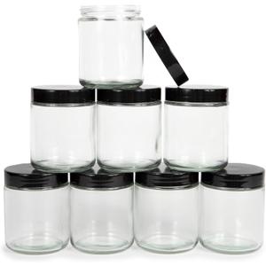 Vivaplex, Clear, 8 ounce, Round Glass Jars, with Black Lids - 8 pack