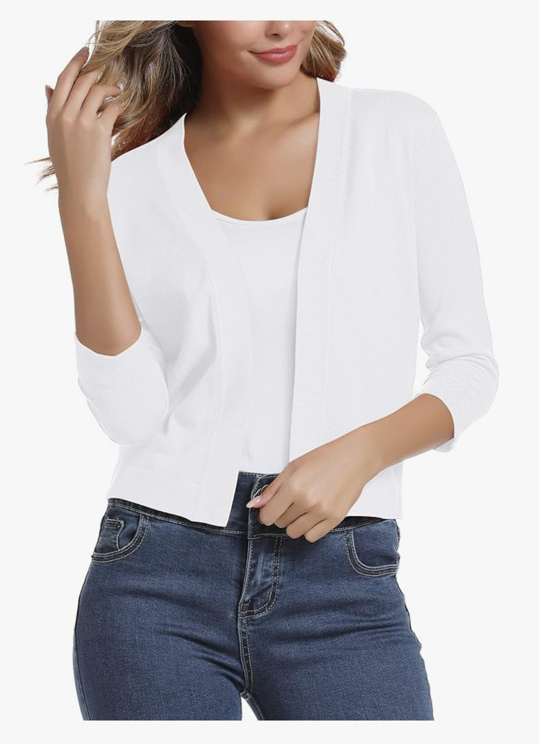 Urban CoCo Women's 3/4 Sleeve Cropped Cardigan Sweater Elegant Shrugs for Women, White, S