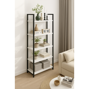 Acovy 5 Tier Bookshelf Rustic Industrial Style,31.5" W Storage Shelves, Metal Book Shelves Bookcase Book Shelf Display Shelf for Home Office, Living Room, Bedroom, Kitchen, White