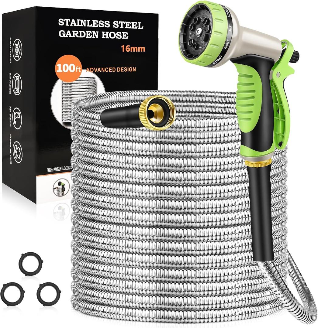 GOXAWEE Garden Hose 100FT, Stainless Steel Heavy Duty Water Hose With 10 Function Nozzle, No-Kink, Tough & Flexible, Sturdy and Lightweight, Rust Proof for Yard, Outdoor, RV